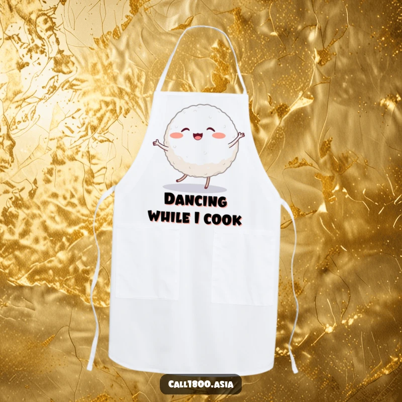 Funny apron adorned with a cheerful, round rice ball character with tiny legs, energetically dancing while preparing food.