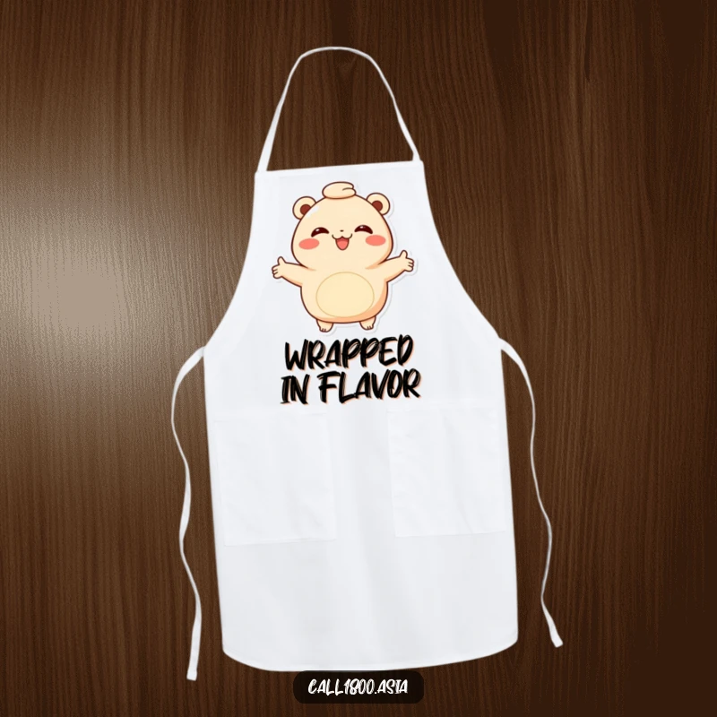 Funny bao bun apron with a smiling character offering a warm hug with outstretched arms, perfect for kitchen comfort and spreading cheer.