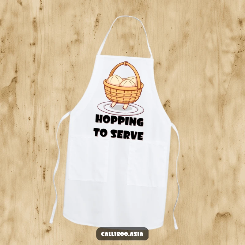 Funny apron featuring a cheerful dim sum basket with little feet hopping towards a plate, making cooking a fun and humorous activity.