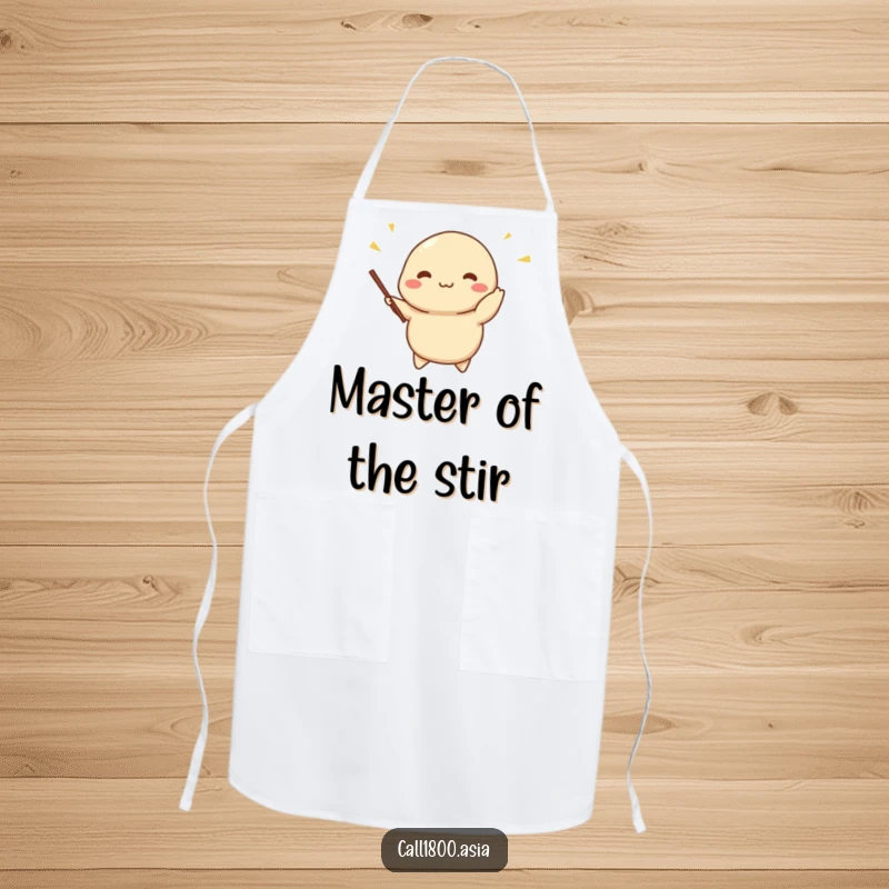 Funny dumpling apron with a cheerful character juggling tiny chopsticks, perfect for kitchen protection and adding a humorous culinary touch.