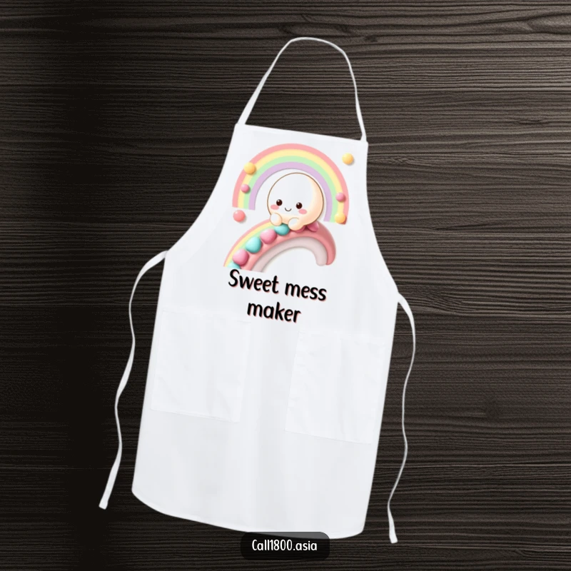 Funny mochi character sliding down a candy rainbow, printed on a practical and humorous kitchen apron.