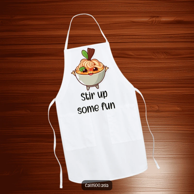 Funny ramen bowl apron with a bouncing character, happy eyes, and a wide grin, perfect for kitchen fun and protecting clothes with cheerful energy.