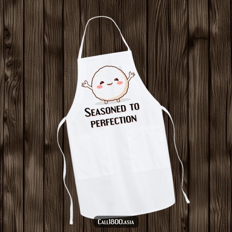Funny apron with a round, smiling rice ball character enthusiastically waving its tiny arms, adding a playful touch to cooking.