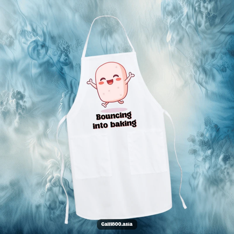 Funny sticky rice cake character bouncing with enthusiasm, printed on a practical and humorous kitchen apron.