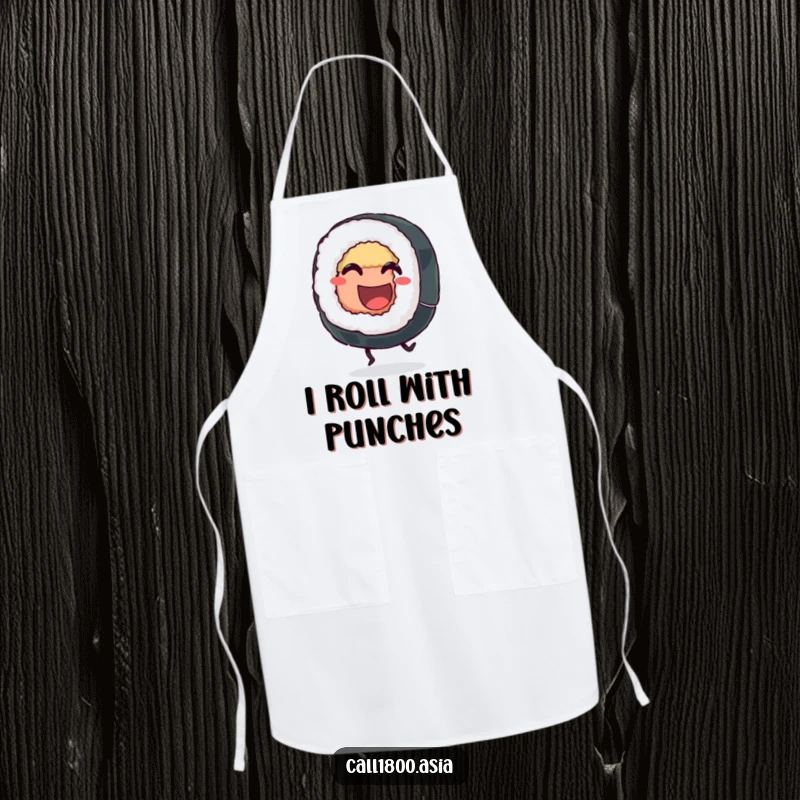 Funny sushi roll apron with a grinning character showing off kicking legs, perfect for kitchen fun and protecting clothes with a smile.