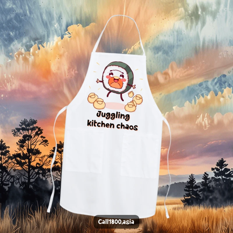 Funny apron featuring a smiling sushi roll with legs energetically juggling dumplings, making cooking a fun and humorous experience.