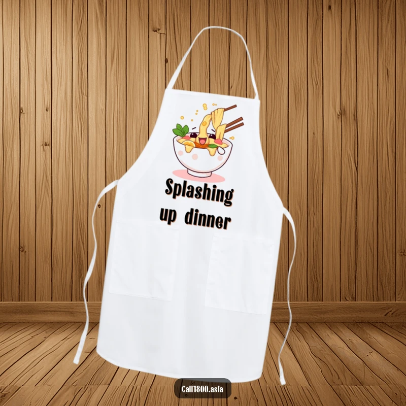 Funny apron featuring a wiggling ramen bowl character playfully splashing broth while cooking up a storm.