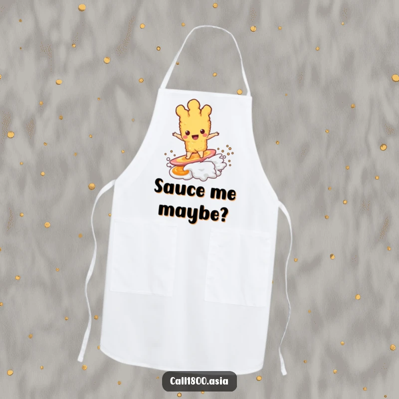 Funny tempura character in the act of surfing a dipping sauce wave, featured on a practical and humorous kitchen apron.