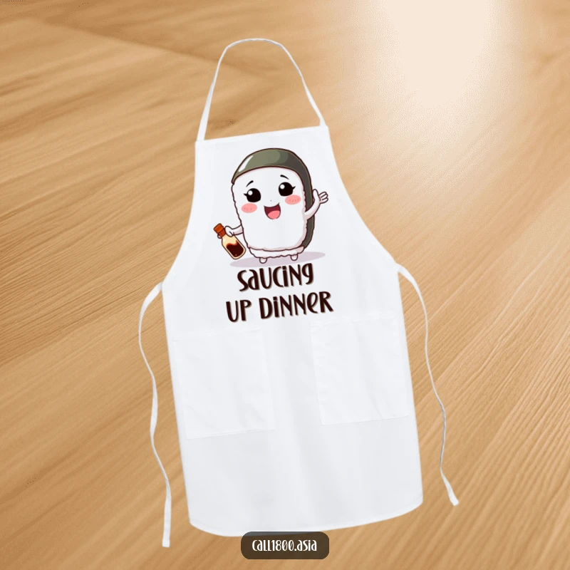 Funny apron featuring a smiling sushi roll character with small arms, skillfully juggling a soy sauce bottle while cooking.