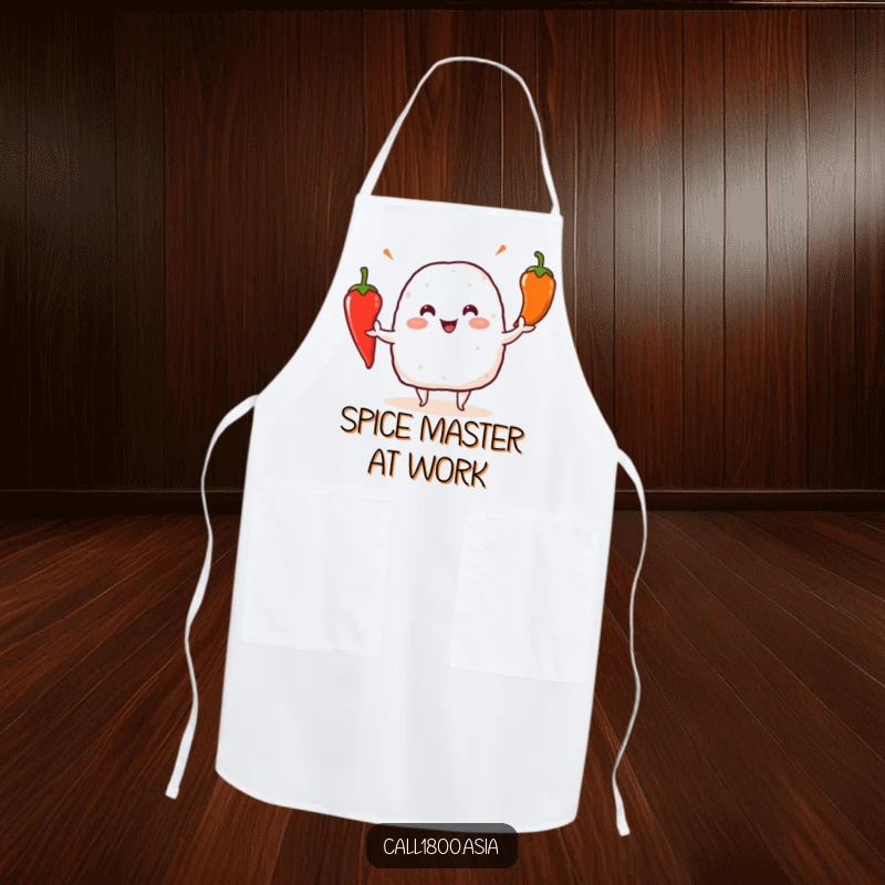 Funny onigiri character juggling vibrant chili peppers, printed on a practical and humorous kitchen apron.