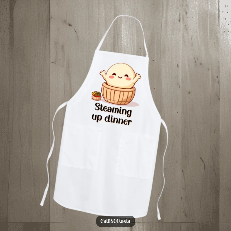 Funny apron featuring a happy, round bao bun with arms waving cheerfully from a steaming basket, making kitchen tasks more enjoyable.