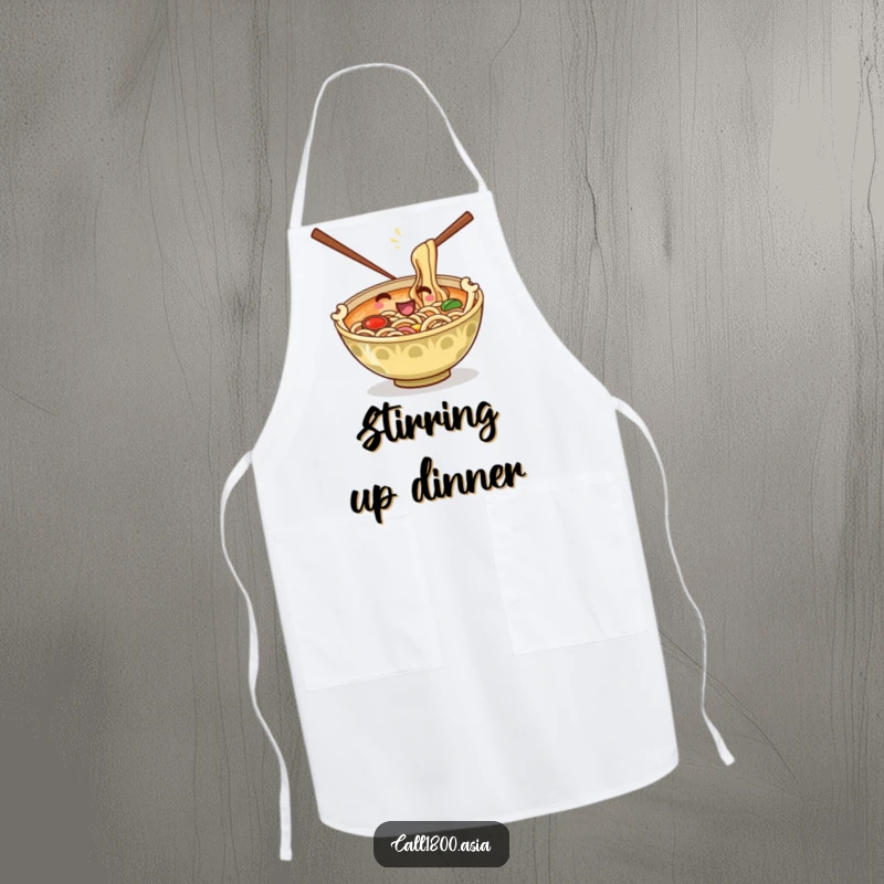 Funny apron featuring a playful ramen bowl with chopsticks as arms stirring its noodle contents, making cooking a humorous activity.
