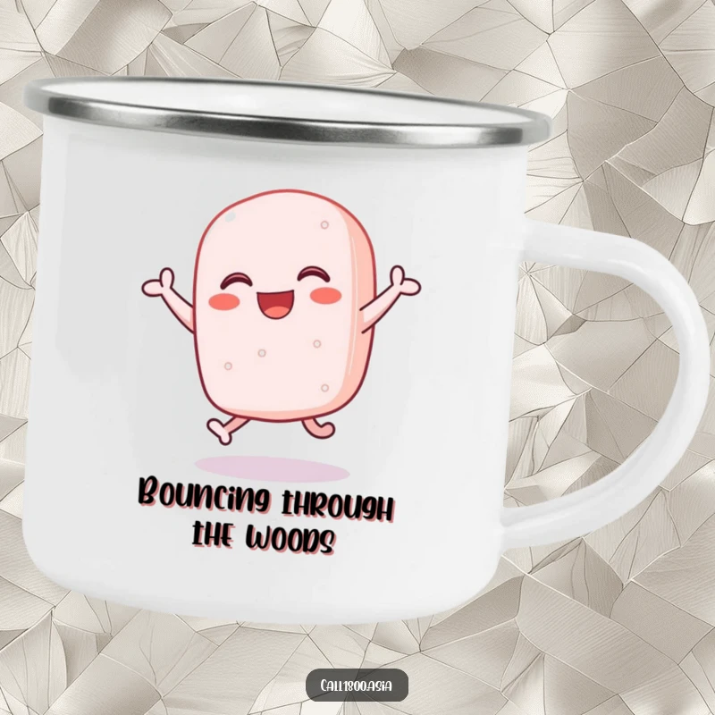 Funny sticky rice cake character bouncing with joy on a durable enamel camping mug.