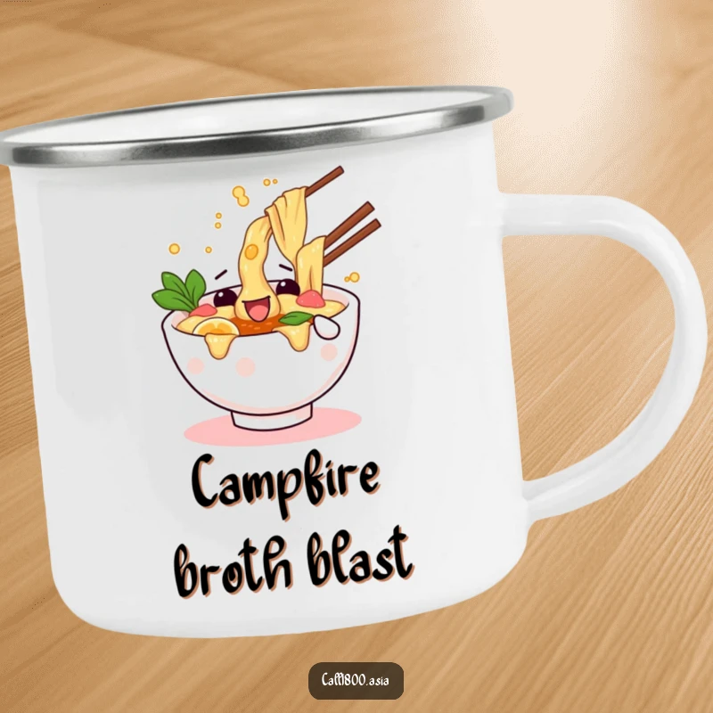 Funny camping mug showcasing a wiggling ramen bowl character splashing broth joyfully during an outdoor escapade.