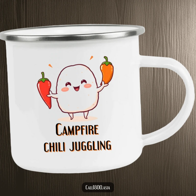 Funny onigiri character juggling chili peppers on a durable enamel camping mug, ready for any adventure.