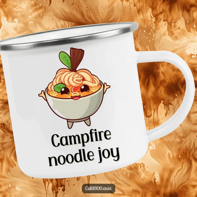 Funny ramen bowl camping mug with a bouncing character, happy eyes, and a wide grin, ideal for happy outdoor drinks and cheerful adventures.