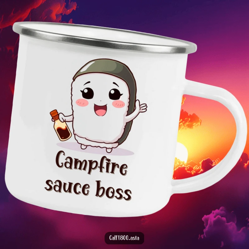 Funny camping mug showcasing a smiling sushi roll character with small arms, juggling a soy sauce bottle amidst an outdoor scene.