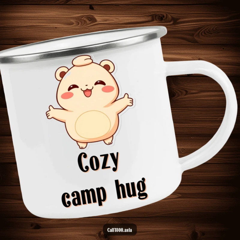 Funny bao bun camping mug with a smiling character offering a warm hug with outstretched arms, ideal for cozy outdoor drinks and embracing adventures.