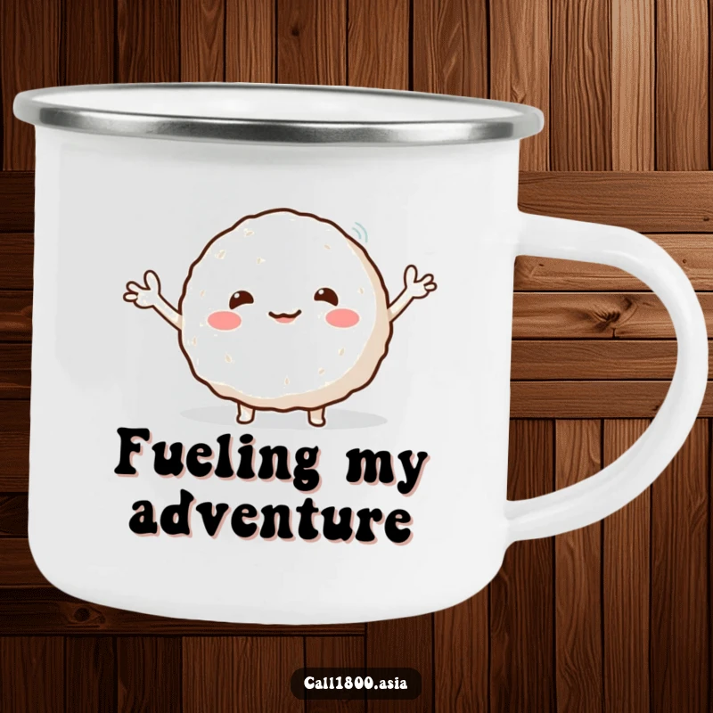 Funny camping mug with a round, smiling rice ball character enthusiastically waving its tiny arms, built for adventure and smiles.