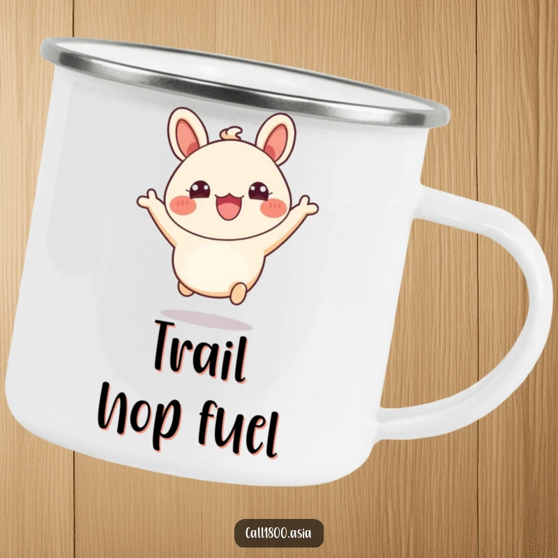 Funny camping mug showcasing a bubbly bao bun character leaping joyfully during an outdoor escapade.