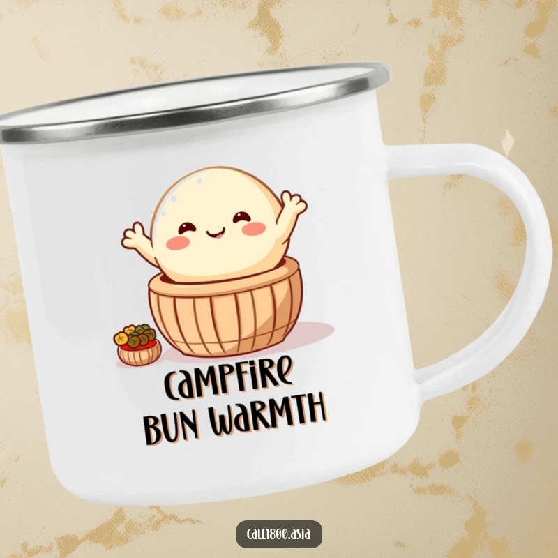 Funny camping mug featuring a happy, round bao bun waving from a steaming basket, perfect for cheerful outdoor drinks.