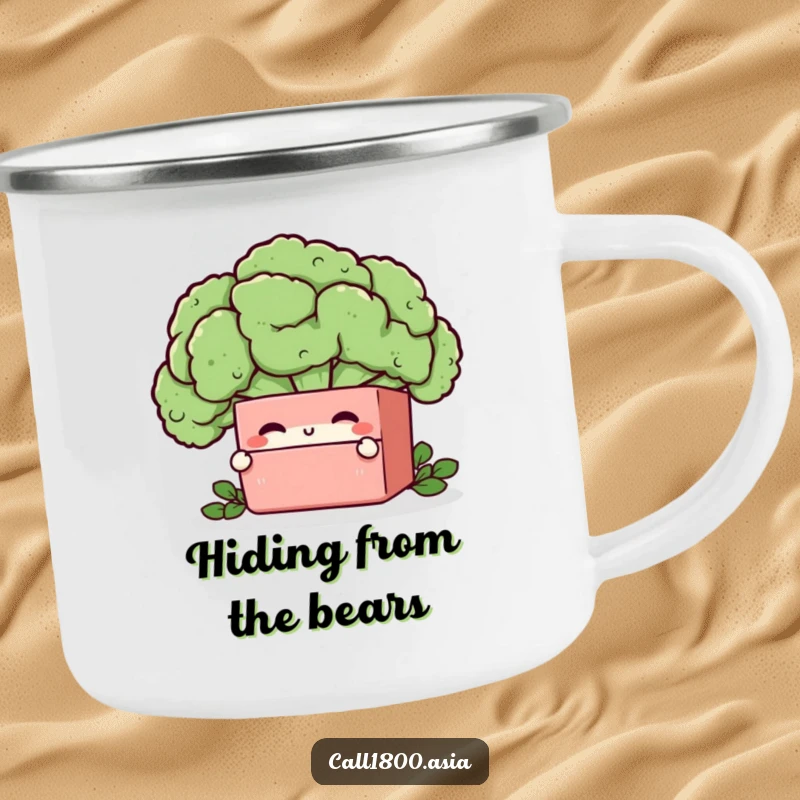Funny bento box character peeking from behind a broccoli floret on a durable enamel camping mug.