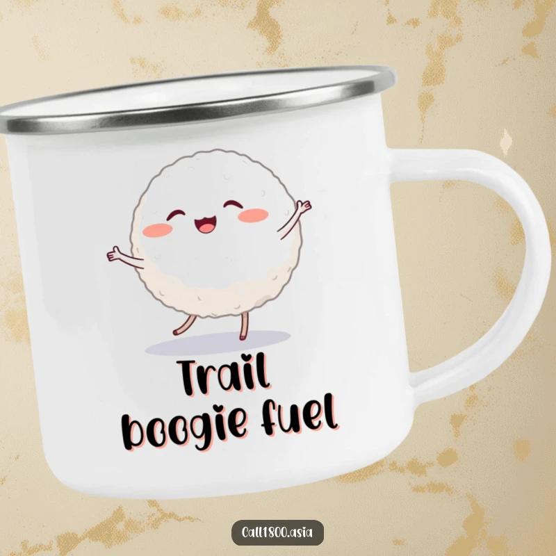 Funny camping mug showcasing a cheerful, round rice ball character with tiny legs, dancing with zest during an outdoor adventure.