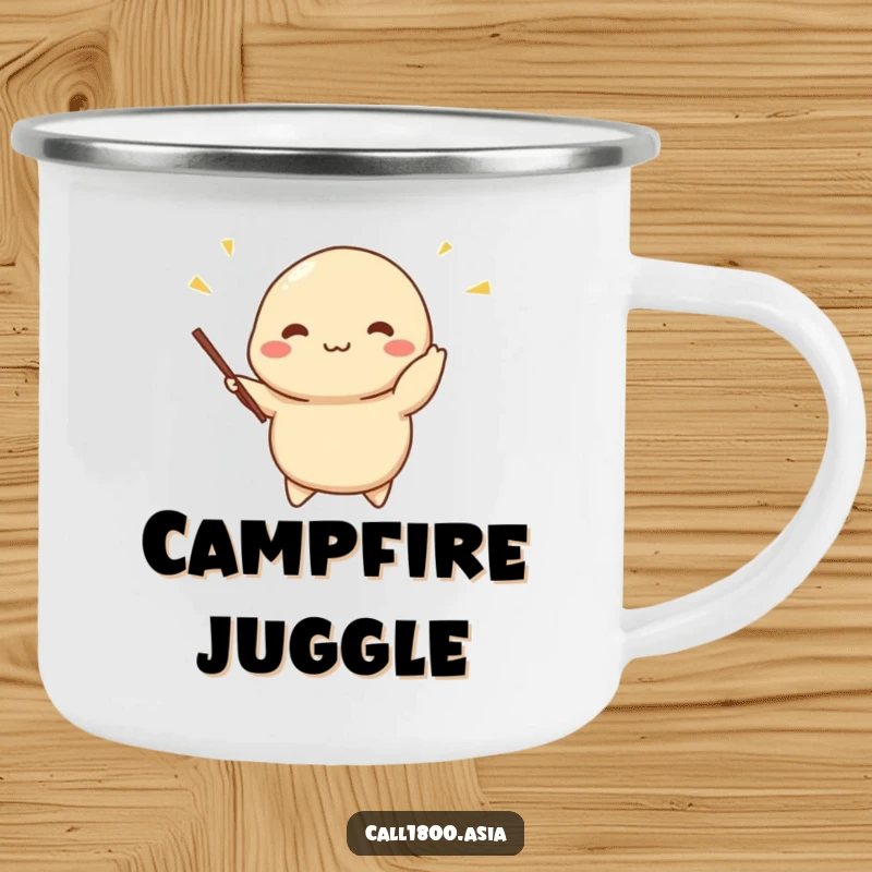 Funny dumpling camping mug with a cheerful character juggling tiny chopsticks, ideal for outdoor enjoyment and adding a touch of playful skill.