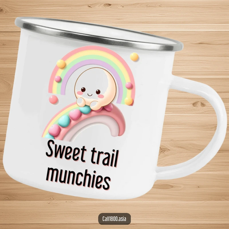 Funny mochi character sliding down a candy rainbow on a durable enamel camping mug.