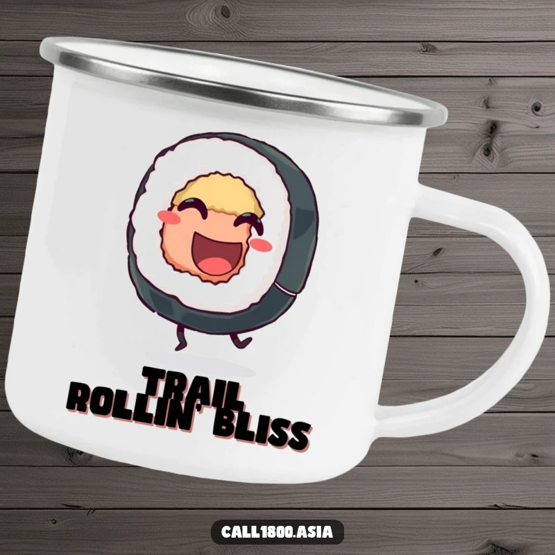 Funny sushi roll camping mug with a grinning character kicking joyfully, ideal for outdoor adventures and adding a cheerful vibe to drinks.
