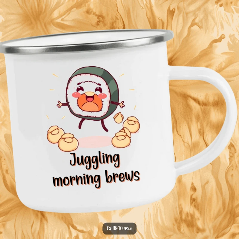 Funny camping mug featuring a smiling sushi roll with legs juggling dumplings, perfect for outdoor adventures and adding humor to your drink.
