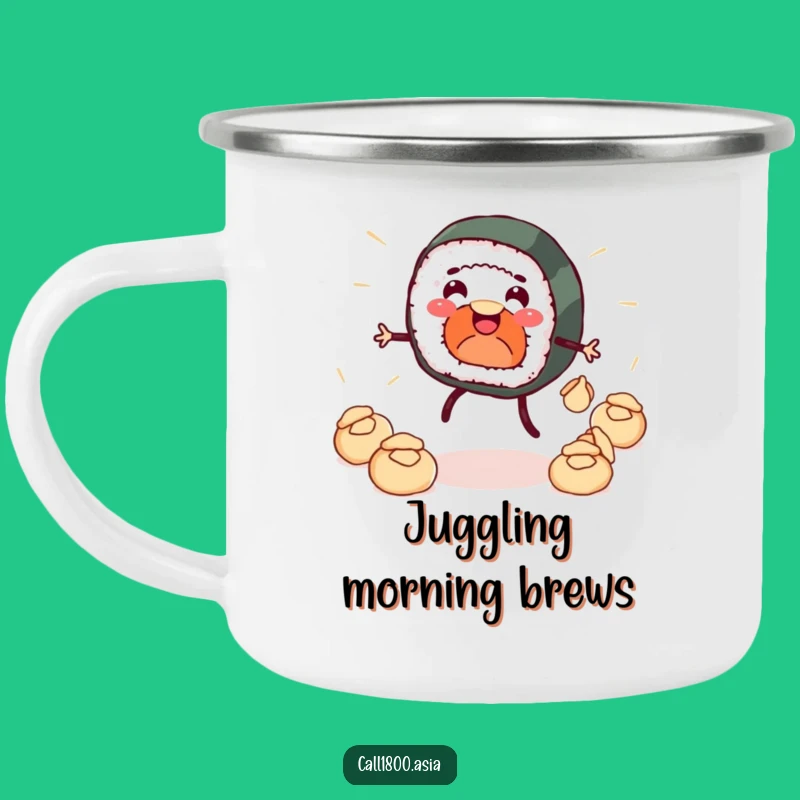Funny Sushi Roll Dumpling Juggler Camping Mug: Adventures with Cartoon Humor!