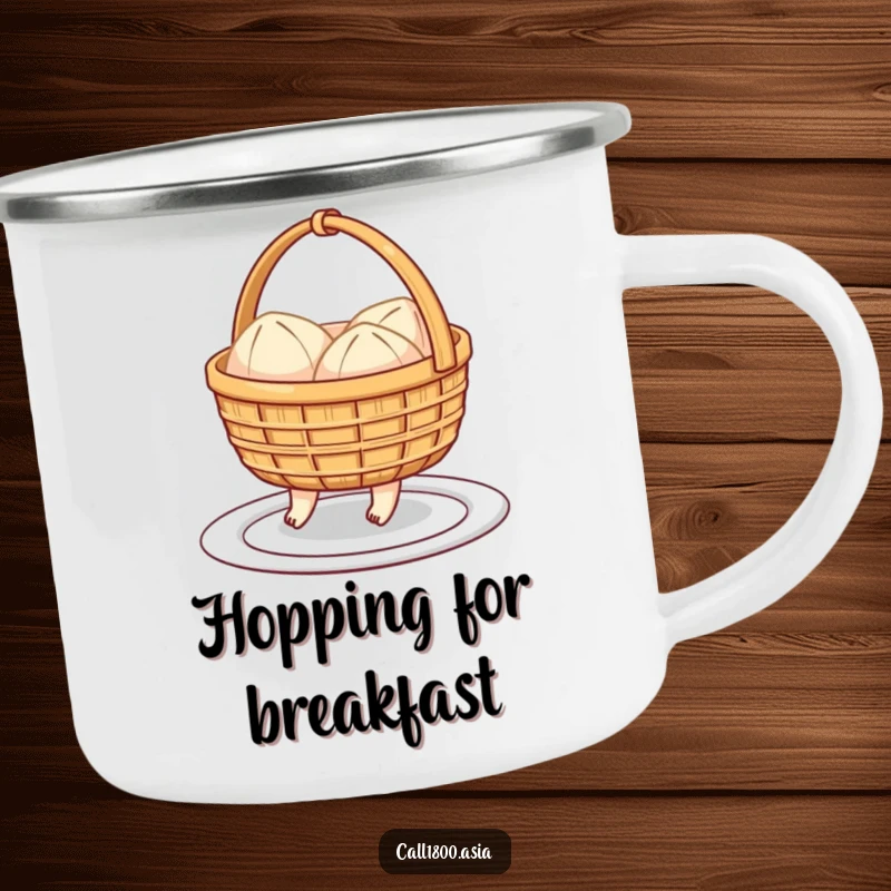 Funny camping mug featuring a cheerful dim sum basket with little feet hopping towards a plate, perfect for happy outdoor drinks.