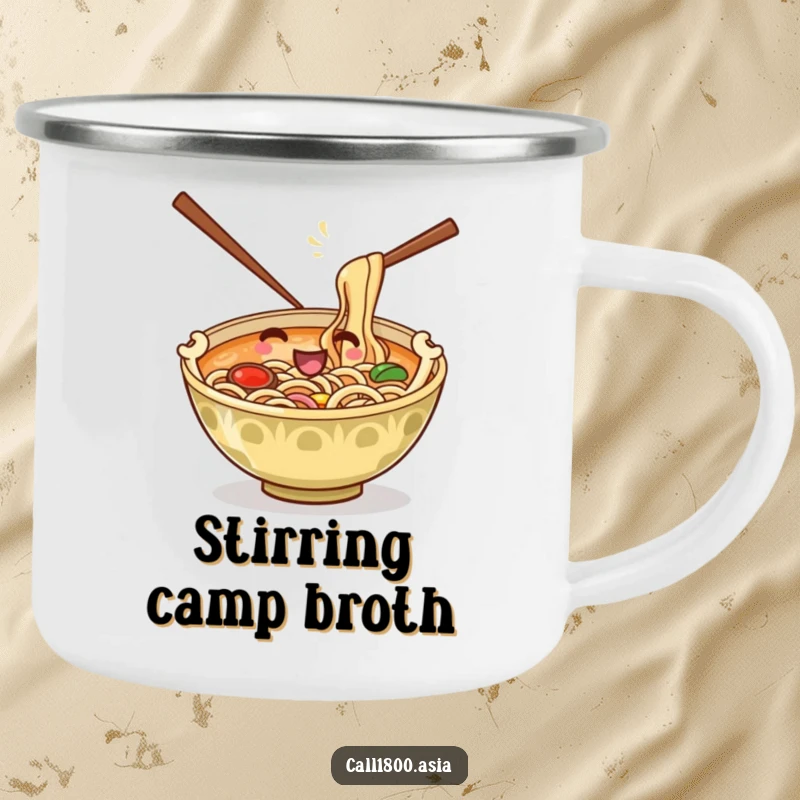 Funny camping mug featuring a playful ramen bowl with chopsticks stirring noodles, perfect for outdoor meals and adding humor.