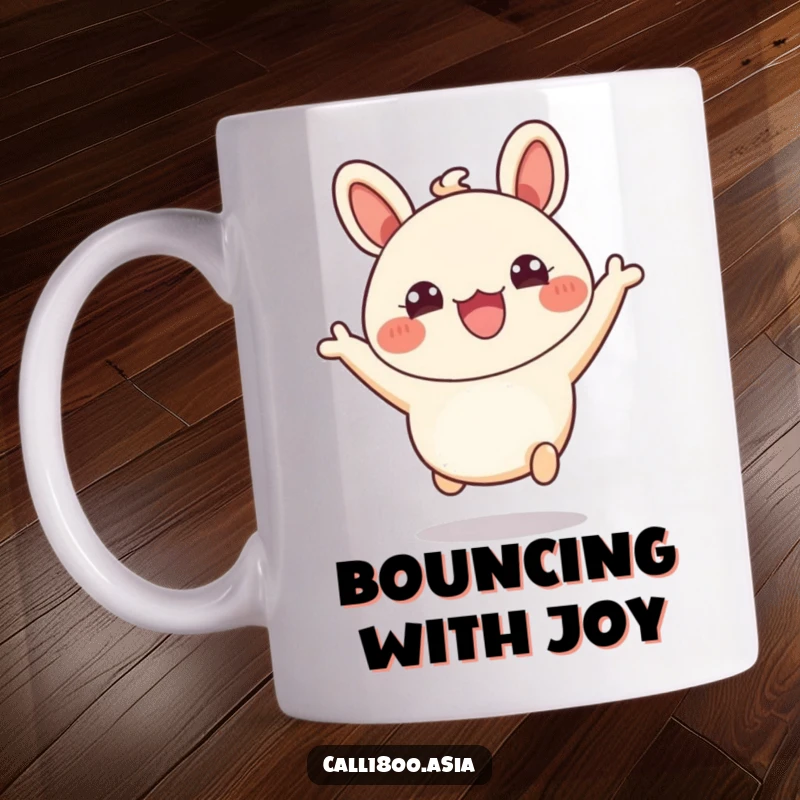 Funny mug featuring a bubbly bao bun character leaping excitedly with wide, happy eyes and an infectious grin.
