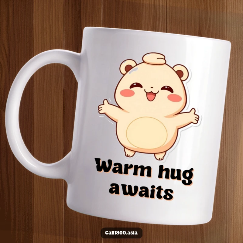 Funny bao bun mug featuring a smiling character with arms outstretched in a warm, welcoming hug, embodying comfort and friendly cheer.
