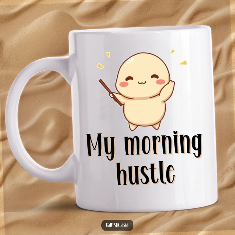 Funny dumpling mug featuring a cheerful character skillfully juggling tiny chopsticks with a happy expression, perfect for a lighthearted moment.