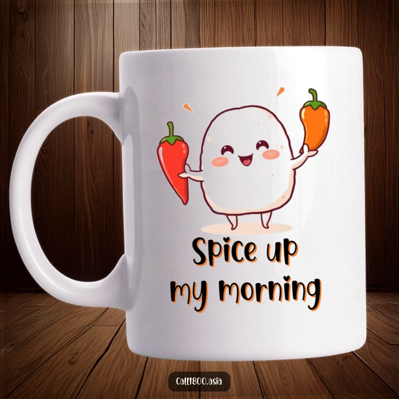 Funny onigiri character skillfully juggling three bright red chili peppers with a mischievous grin, on a mug.