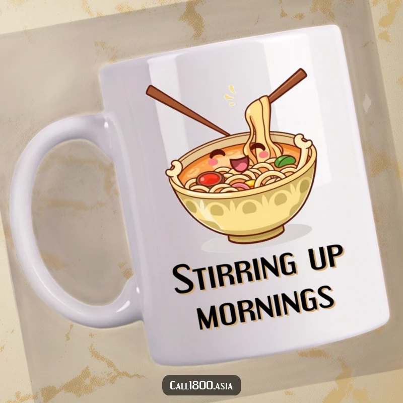 Funny mug featuring a playful ramen bowl with chopsticks as arms, happily stirring its own noodle contents, bringing cartoon delight.