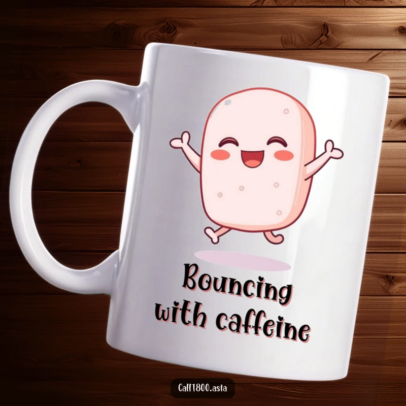 Funny sticky rice cake character joyfully bouncing with enthusiasm, depicted on a bright and cheerful mug.