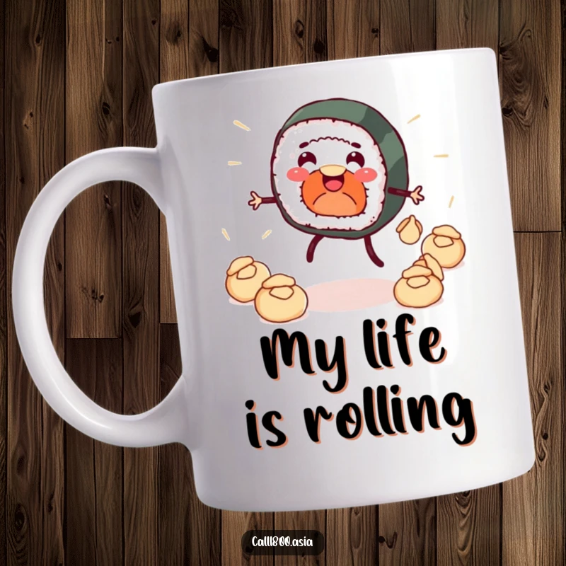 Funny mug featuring a smiling sushi roll with legs, energetically juggling tiny dumplings, bringing joy and humor to your kitchen.