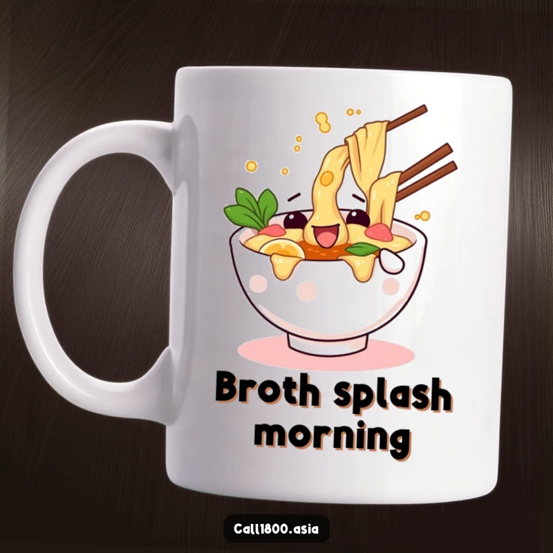 Funny mug featuring a wiggling ramen bowl character joyfully splashing broth high into the air with excitement.