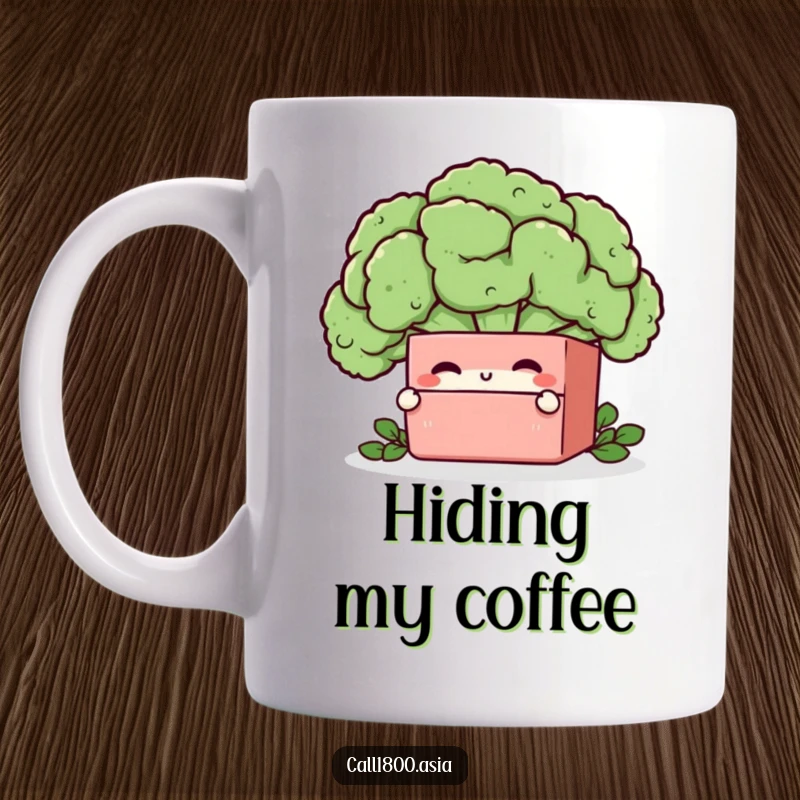 Funny bento box character winking slyly from behind a large, vibrant broccoli floret on a cheerful mug.