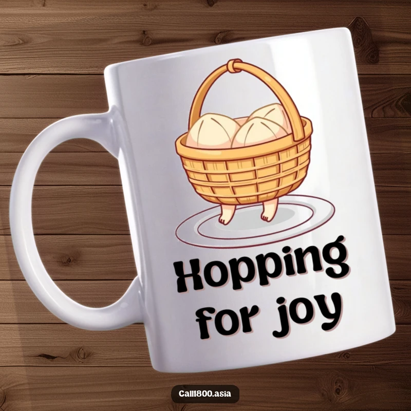 Funny mug featuring a cheerful dim sum basket with little feet hopping towards a plate, bringing cute cartoon energy.