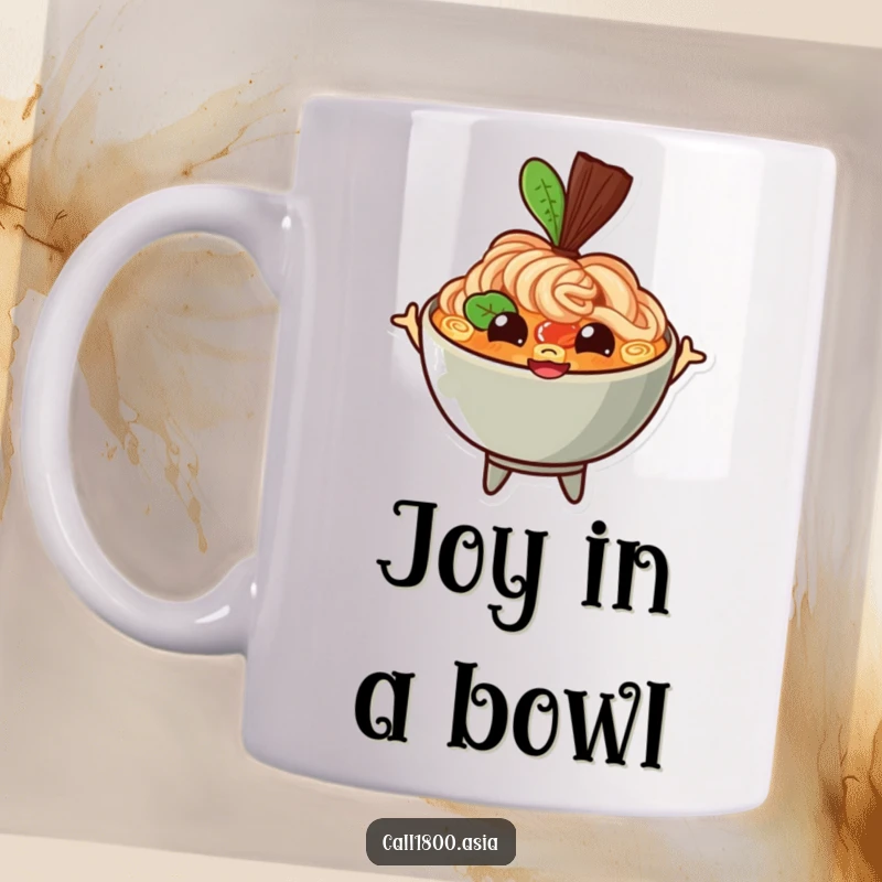 Funny ramen bowl mug with happy eyes and a wide grin, depicted as bouncing with pure delight, a cheerful and amusing kitchen accessory.