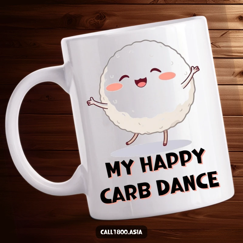 Funny mug featuring a cheerful, round rice ball character with tiny legs, energetically dancing with joy and infectious enthusiasm.