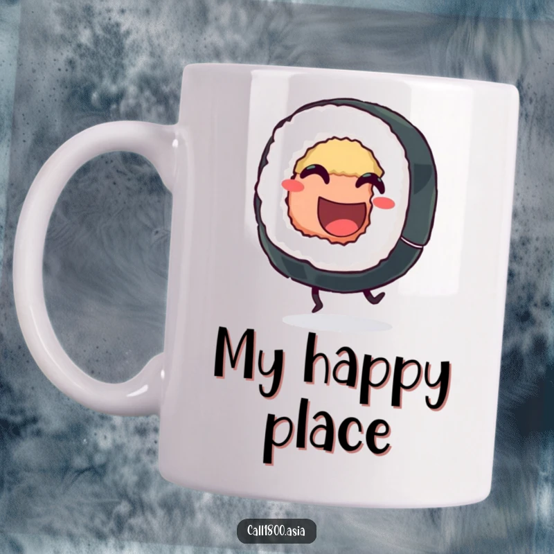 Funny sushi roll mug with tiny legs kicking joyfully, showcasing a grinning character full of playful energy, perfect for a giggle.