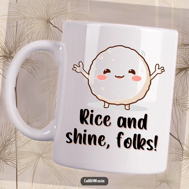 Funny mug featuring a round, smiling rice ball character enthusiastically waving its tiny arms, radiating joy and deliciousness.