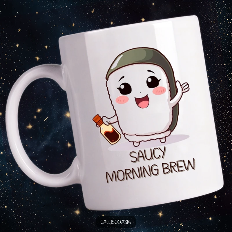 Funny mug featuring a smiling sushi roll character with small arms, skillfully juggling a tiny soy sauce bottle with glee.