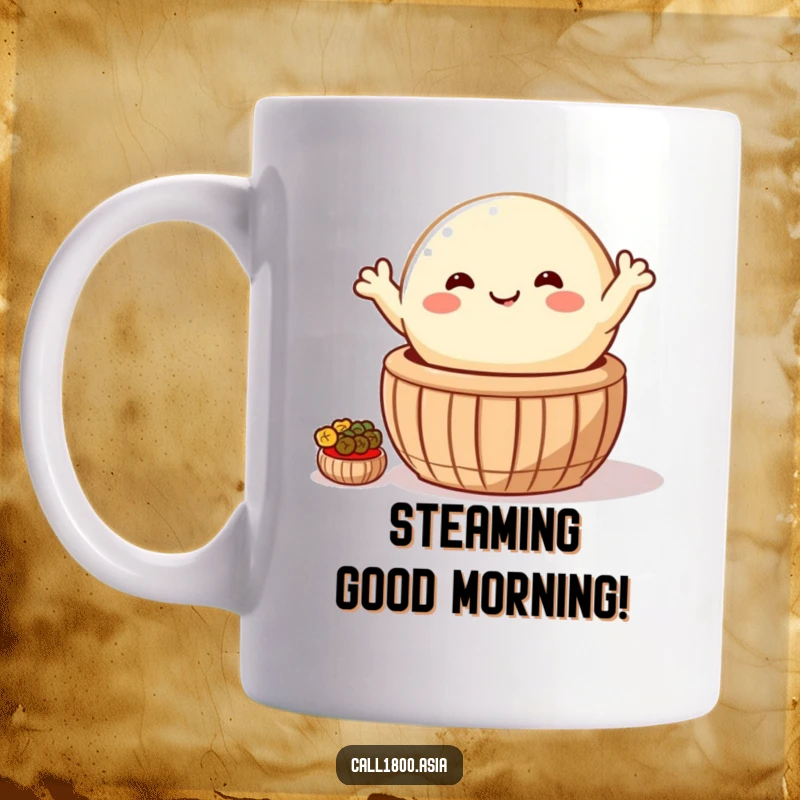 Funny mug featuring a happy, round bao bun with arms waving cheerfully from a steaming basket, bringing cute cartoon joy.